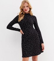 New Look Black Spot Soft Touch High Neck Long Sleeve Mini Dress